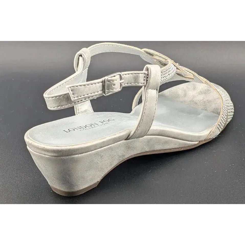 London Fog Women's Macey Demi-Wedge Rhinestone Sandals Silver Size 8 New In Box SoleComfort.shoes