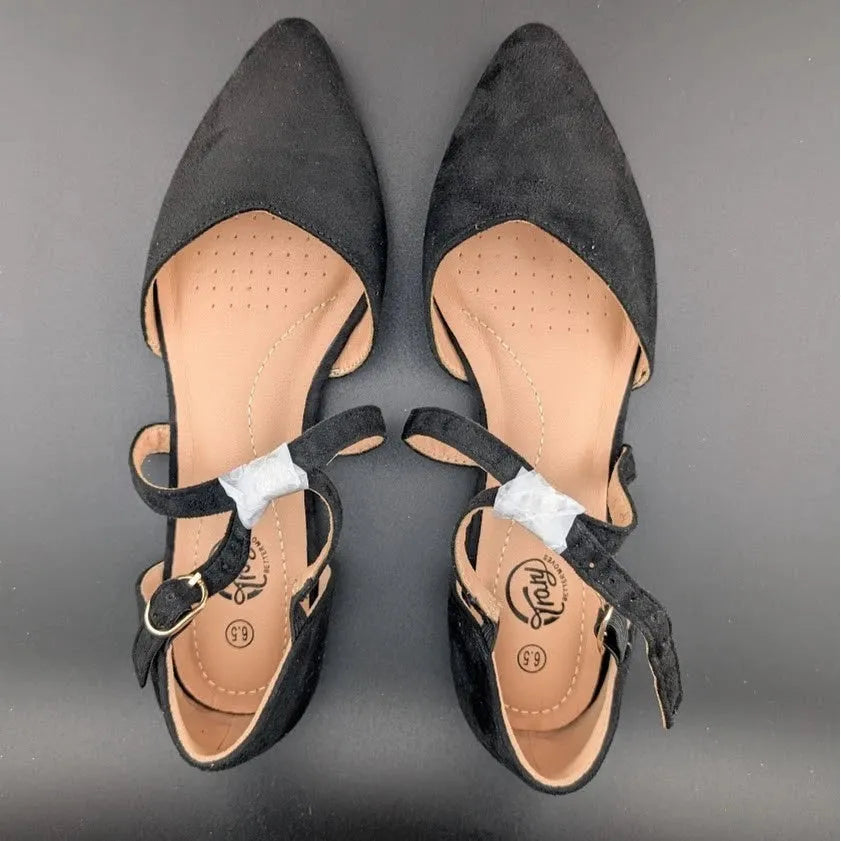 Womens Size 6.5 D'Orsay Dress Flat Ankle Strap and Low Pancake Heel Black Nubuck Trary