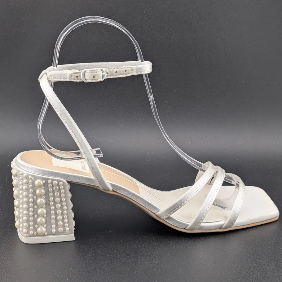 Dolce Vita Women's Sz 6 Ysabel Pearl 2.4" Chunk Heeled Sandal True White Satin SoleComfort.shoes