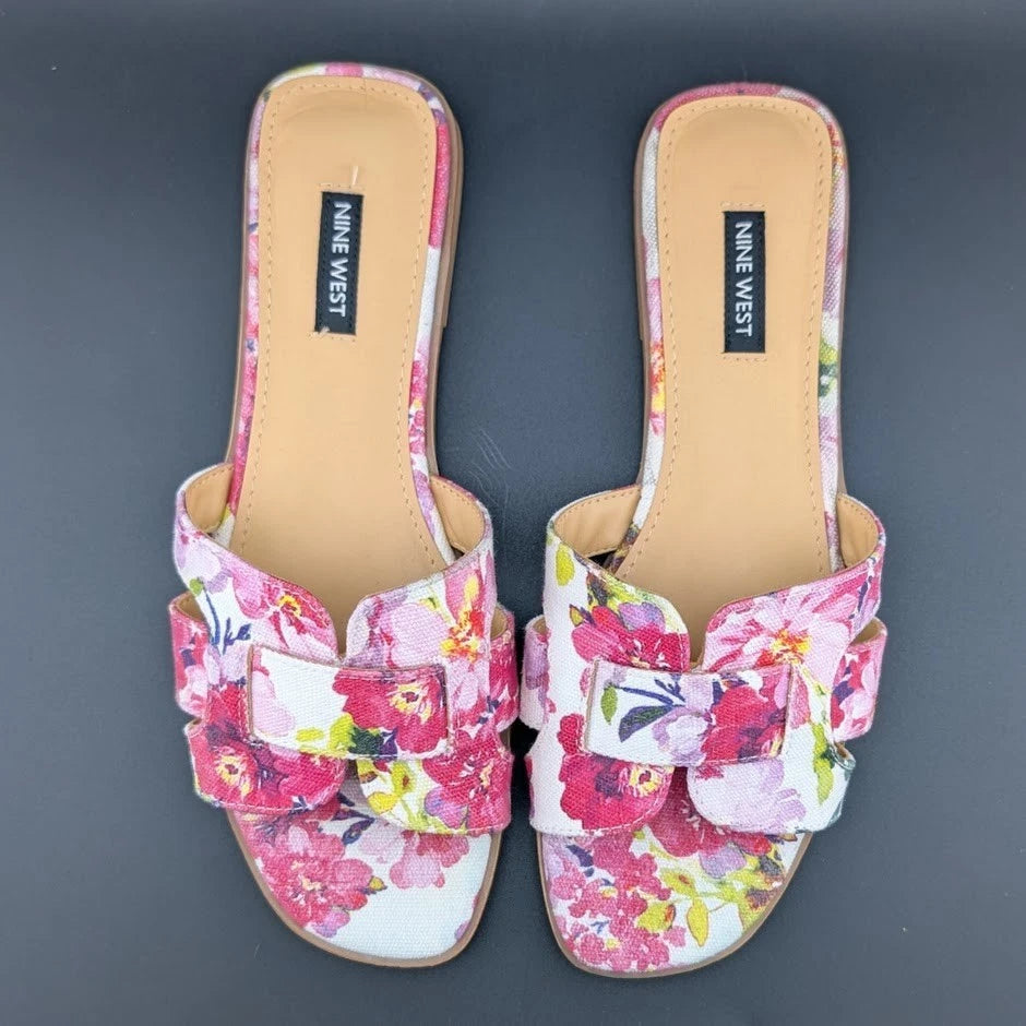 Nine West Size 9 Germani Light Natural Flat Slide Sandals Floral SoleComfort.shoes