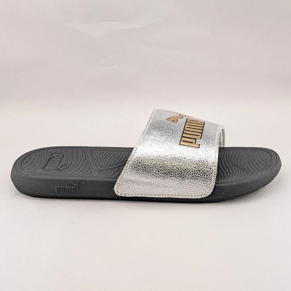 Puma Size Cool Cat 2.0 Silver & Gold Logo Soft Slides Men’s Slip-On Sandals Puma