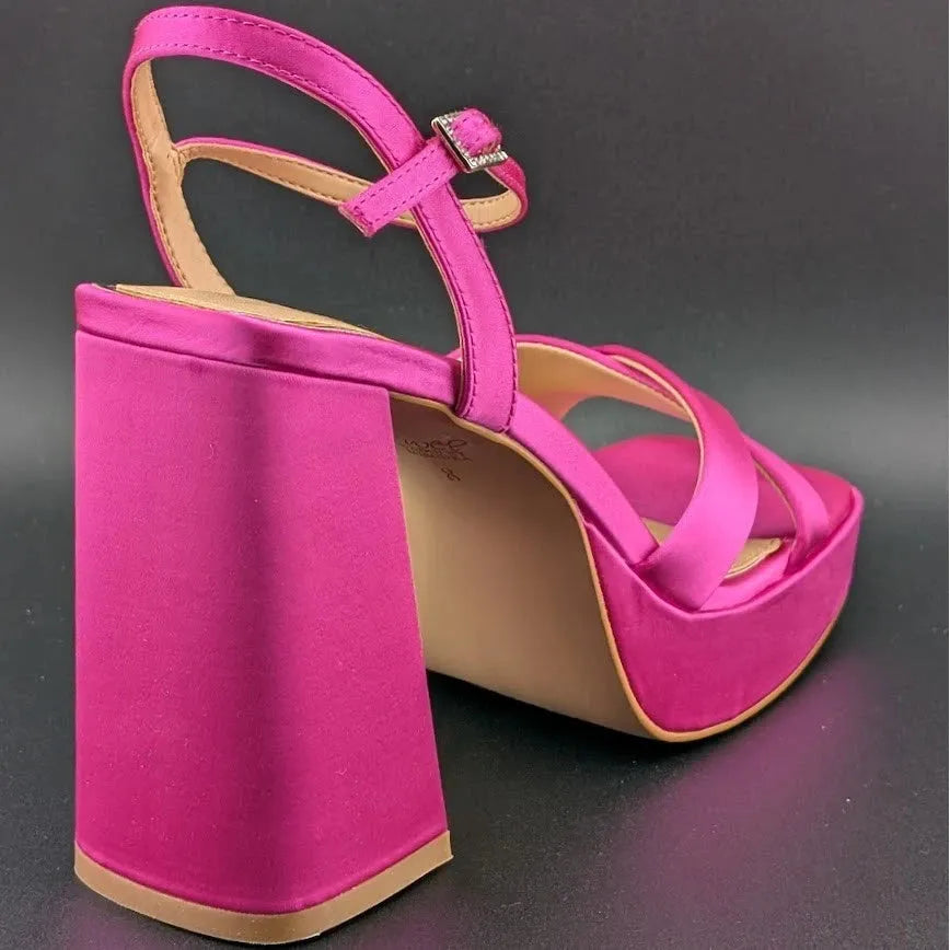 NEW | Jewel Badgley Mischka Sz 8 Rainbow Chunky Platforms Pink Satin JW4628 SoleComfort.shoes