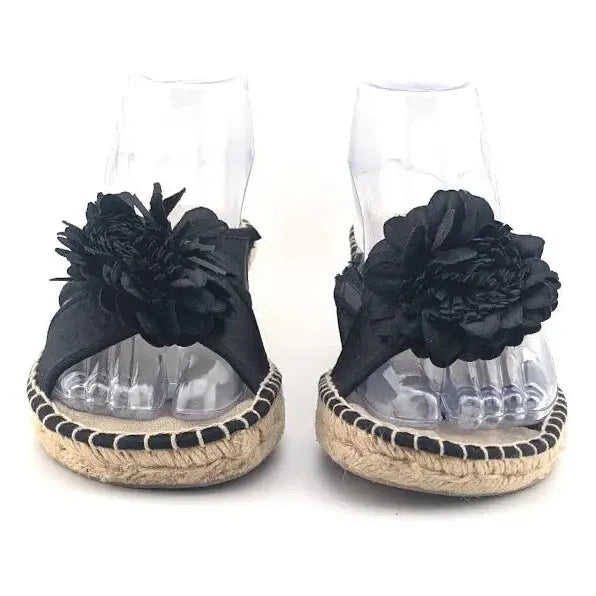 Montego Bay Club Black Fabric Flower Espadrille Wedge Sandal US size 8M - SoleComfort.shoes