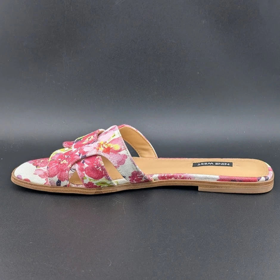 Nine West Size 9 Germani Light Natural Flat Slide Sandals Floral SoleComfort.shoes