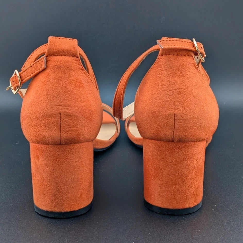 Women Size 7 Chunky Heel Cross-Strap Sandals Open Toe Wedding Dress Faux Suede SoleComfort.shoes