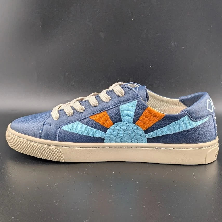 NWB Womens Size 6.5* Soludos Ibiza Blue Leather Embroidered Rainbow Wave Sneaker SoleComfort.shoes