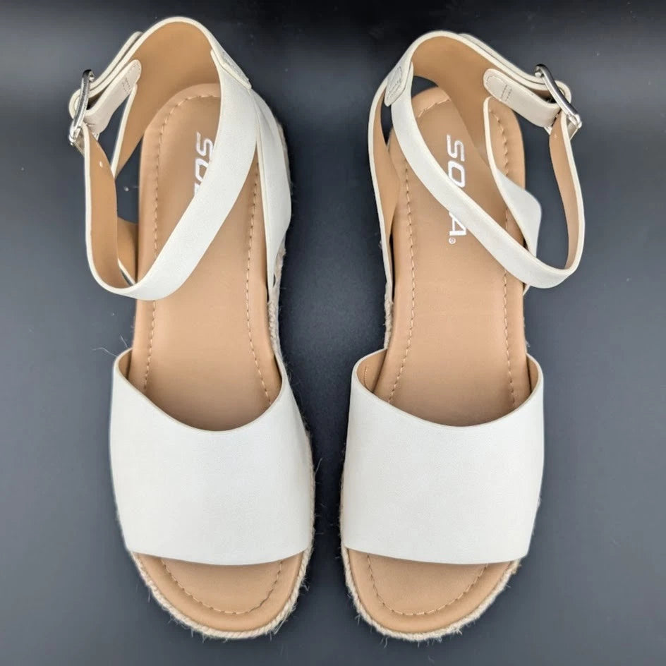 Womens Size 7.5 Soda "Topic" Espadrille Ankle Strap Platform Sandal Off-White SoleComfort.shoes
