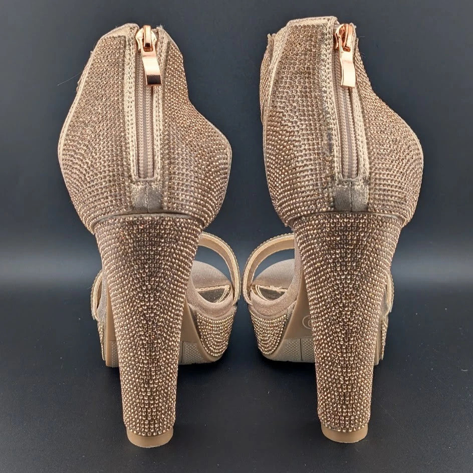 ShoeLand Womens Sz 9 Bronze Rhinestone Platform Sandal Chunky Block 5" Heel Sexy SoleComfort.shoes