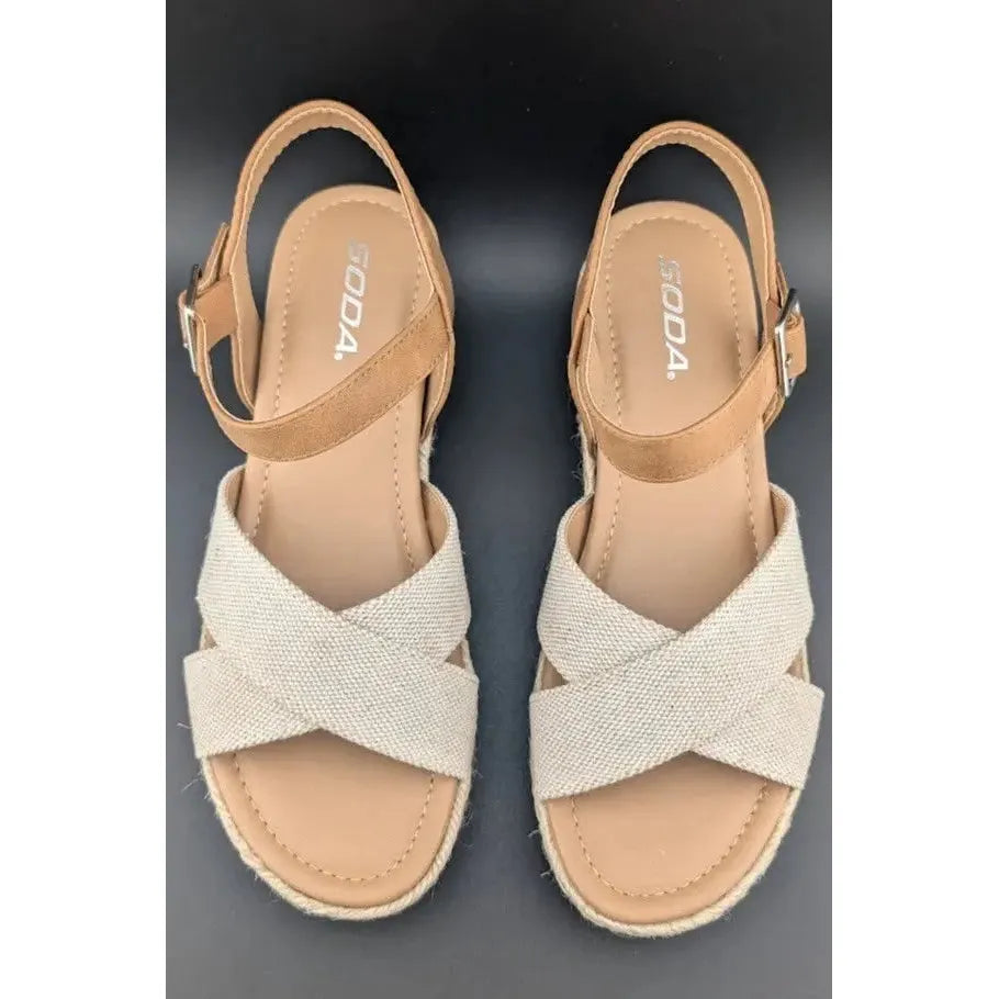 Womens Size 8 Soda "Firefly" Espadrille Ankle Strap Platform Sandal Light Brown SoleComfort.shoes