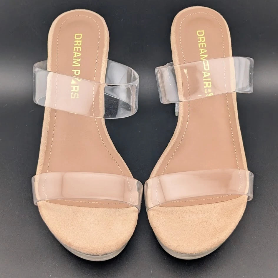 Women Clear Two Strap Open Toe High Block Chunky Slip On Dress Heel Sandals SoleComfort.shoes
