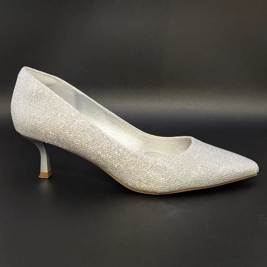 mysoft Womens Size 9 Silver Glitter Pumps 2” Kitten Heel Pointed Toe Dress Shoes SoleComfort.shoes