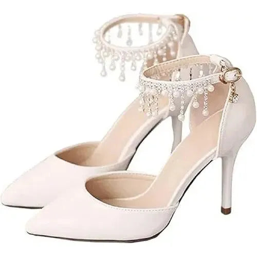 Women's Size 7.5 Ankle Strap Pointed Toe Stilettos High Heel Wedding Pump Shoes With Pearls Dream Pairs