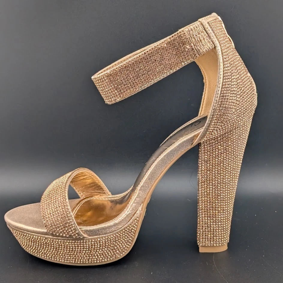 ShoeLand Womens Sz 9 Bronze Rhinestone Platform Sandal Chunky Block 5" Heel Sexy SoleComfort.shoes