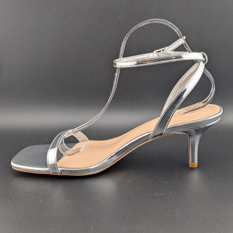 Women Size 10 Silver Comfort Thong Sandals w/Ankle Wrap Strap Square Toe 3" Heel SoleComfort.shoes