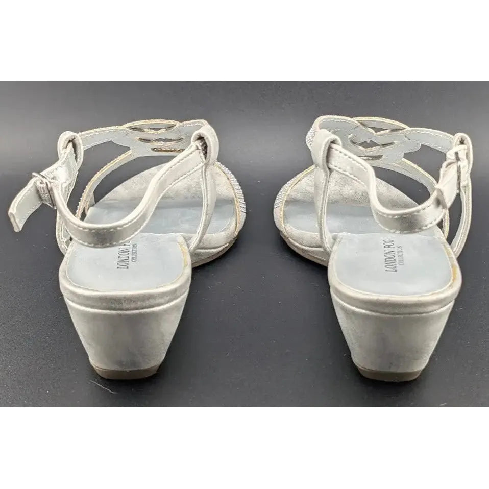 London Fog Women's Macey Demi-Wedge Rhinestone Sandals Silver Size 8 New In Box SoleComfort.shoes