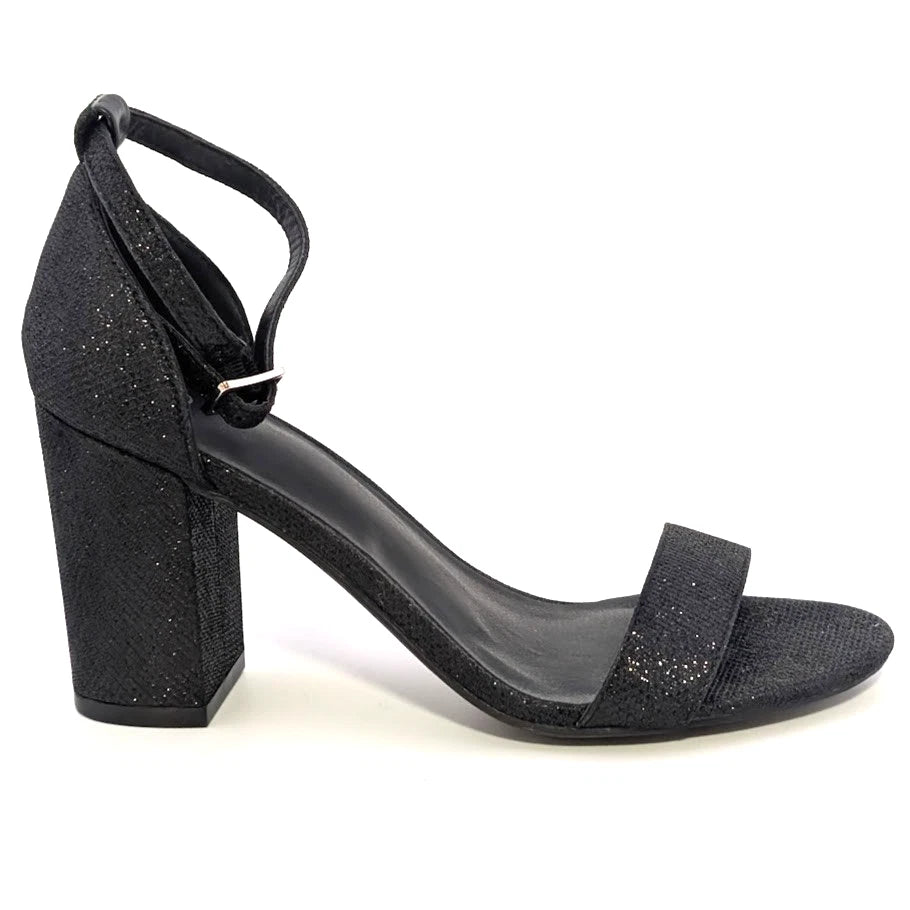 Mysoft Womens Sz 7.5 Black Sparkle Open-Toe Block Hi Heeled Ankle Strap Sandals SoleComfort.shoes