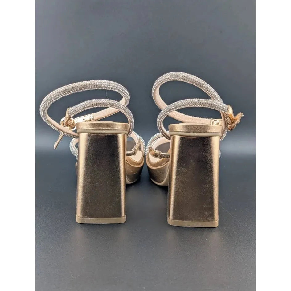 Women's Size 6.5 Bronze Metallic Platform Strappy 4" Block Heels w/ Rhinestones SoleComfort.shoes