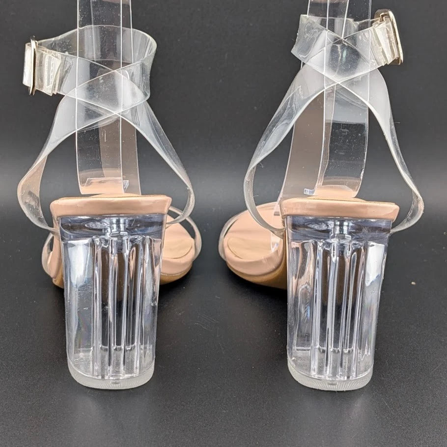 Women's Size 7 Clear Heeled Sandals Ankle Strap Block Chunky Heel Open Toe SoleComfort.shoes