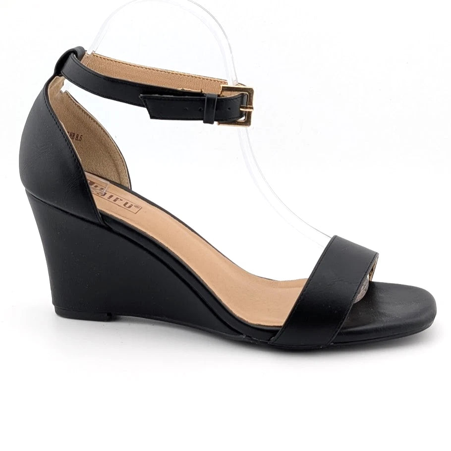 IDIFU Black Wedge Dress Sandal with Round Toe and Ankle Strap Size 8.5 SoleComfort.shoes