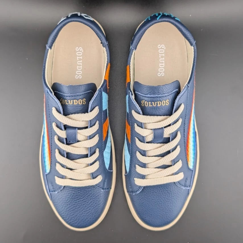 NWB Womens Size 6.5* Soludos Ibiza Blue Leather Embroidered Rainbow Wave Sneaker SoleComfort.shoes