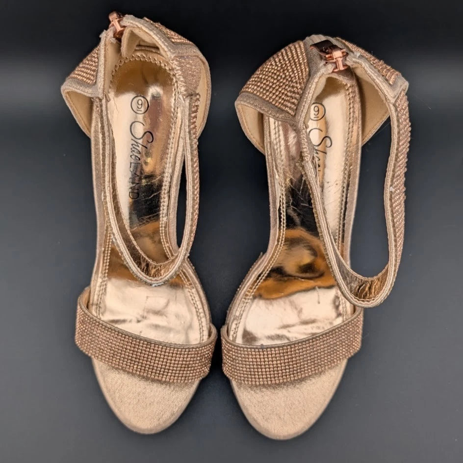 ShoeLand Womens Sz 9 Bronze Rhinestone Platform Sandal Chunky Block 5" Heel Sexy SoleComfort.shoes