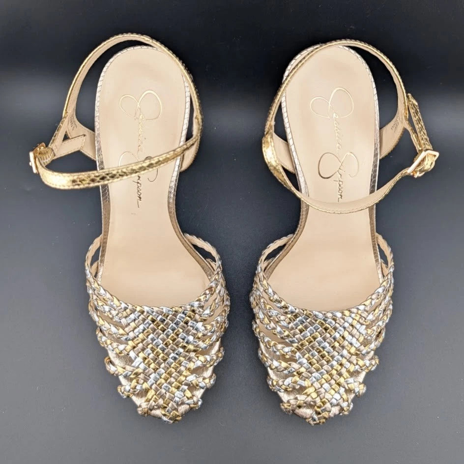 Woman's Size 9.5 Dress Shoes Jessica Simpson Inaia Platform Gold /Silver SoleComfort.shoes