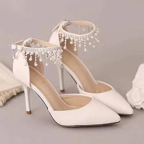 Women's Size 7.5 Ankle Strap Pointed Toe Stilettos High Heel Wedding Pump Shoes With Pearls Dream Pairs