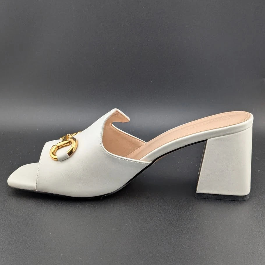 Coutgo Women's Size 9.5 Square Open Toe Chunky Heel Sandals Slip-On Slides Chain SoleComfort.shoes