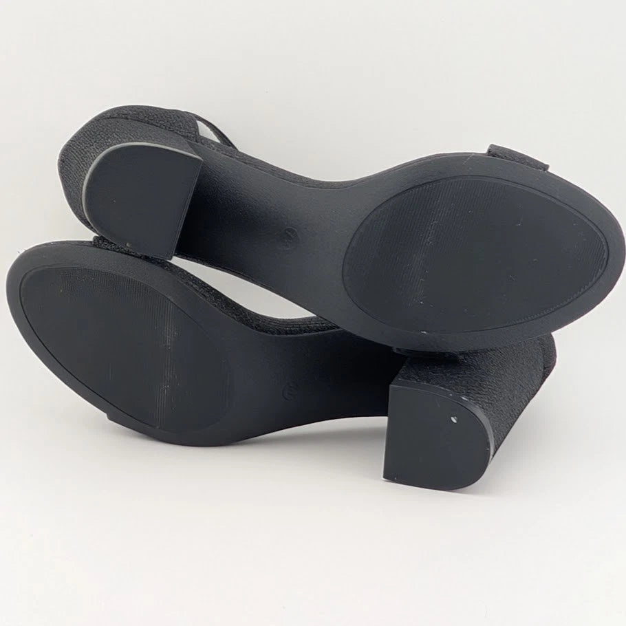Mysoft Womens Sz 7.5 Black Sparkle Open-Toe Block Hi Heeled Ankle Strap Sandals SoleComfort.shoes