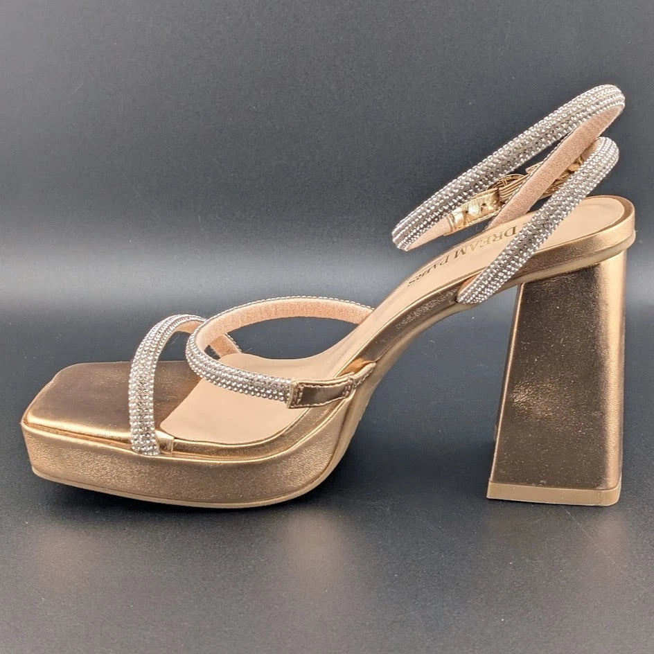 Women's Size 6.5 Bronze Metallic Platform Strappy 4" Block Heels w/ Rhinestones SoleComfort.shoes