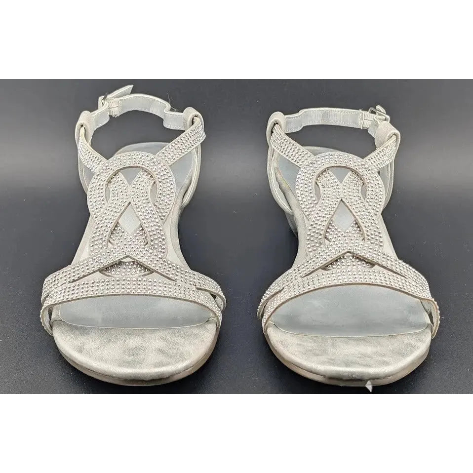 London Fog Women's Macey Demi-Wedge Rhinestone Sandals Silver Size 8 New In Box SoleComfort.shoes