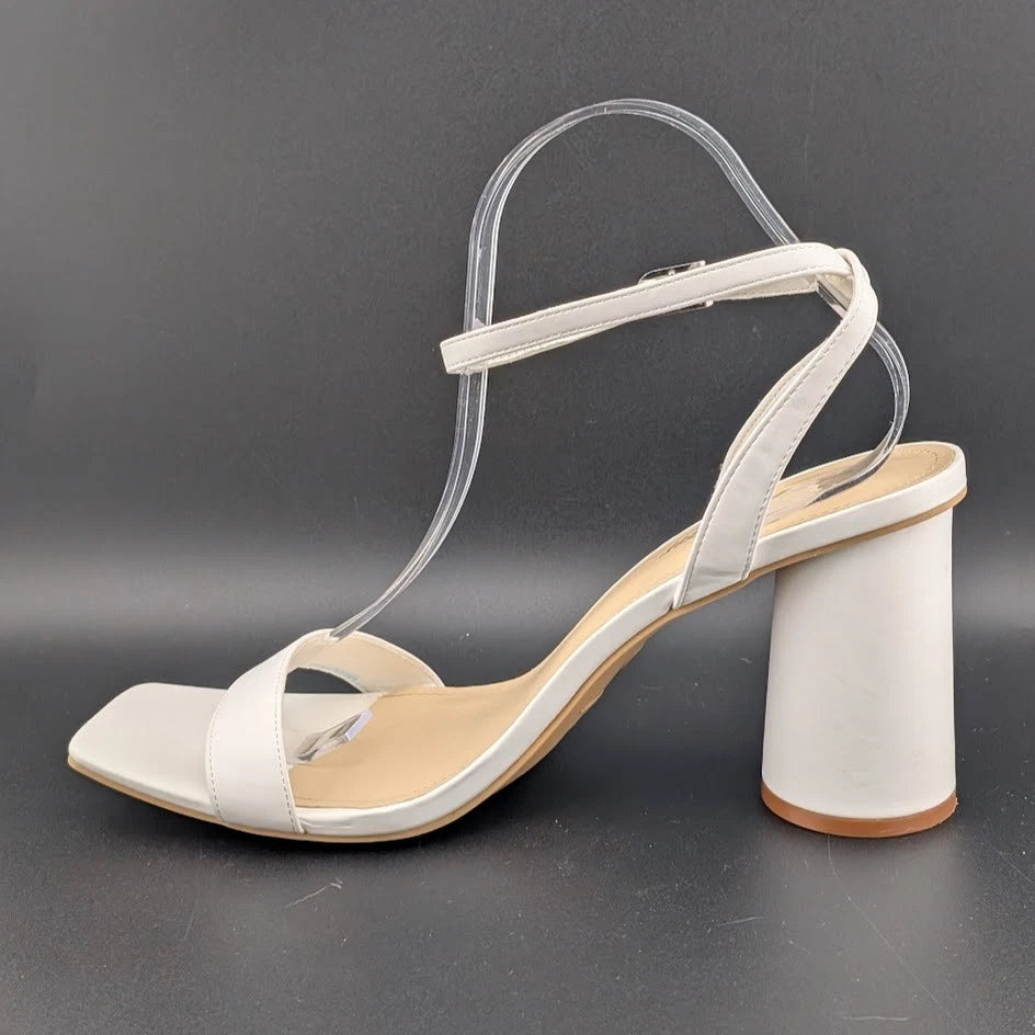 Women Size 10 White Comfort Sandals w/Ankle Wrap Strap Square Toe 4" Round Heel Athlefit