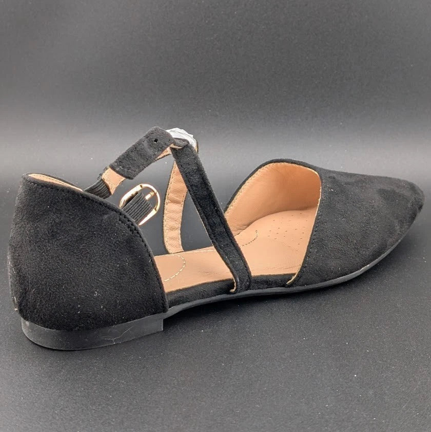 Womens Size 6.5 D'Orsay Dress Flat Ankle Strap and Low Pancake Heel Black Nubuck Trary