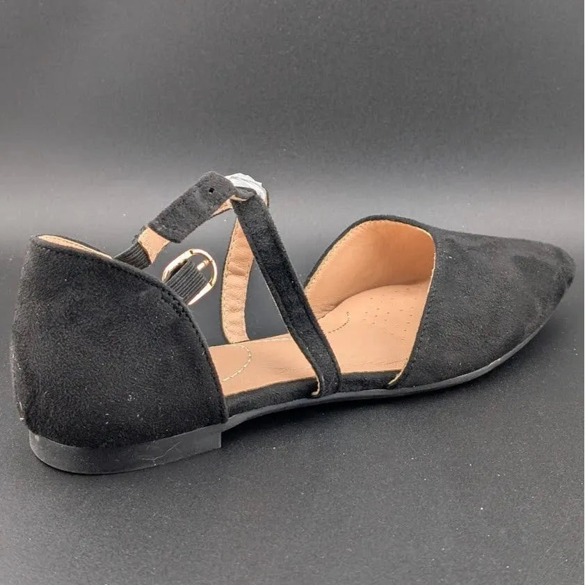 Womens Size 6.5 D'Orsay Dress Flat Ankle Strap and Low Pancake Heel Black Nubuck Trary