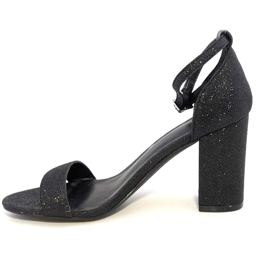Mysoft Womens Sz 7.5 Black Sparkle Open-Toe Block Hi Heeled Ankle Strap Sandals SoleComfort.shoes