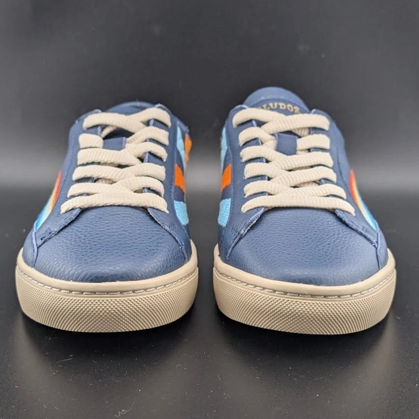 NWB Womens Size 6.5* Soludos Ibiza Blue Leather Embroidered Rainbow Wave Sneaker SoleComfort.shoes