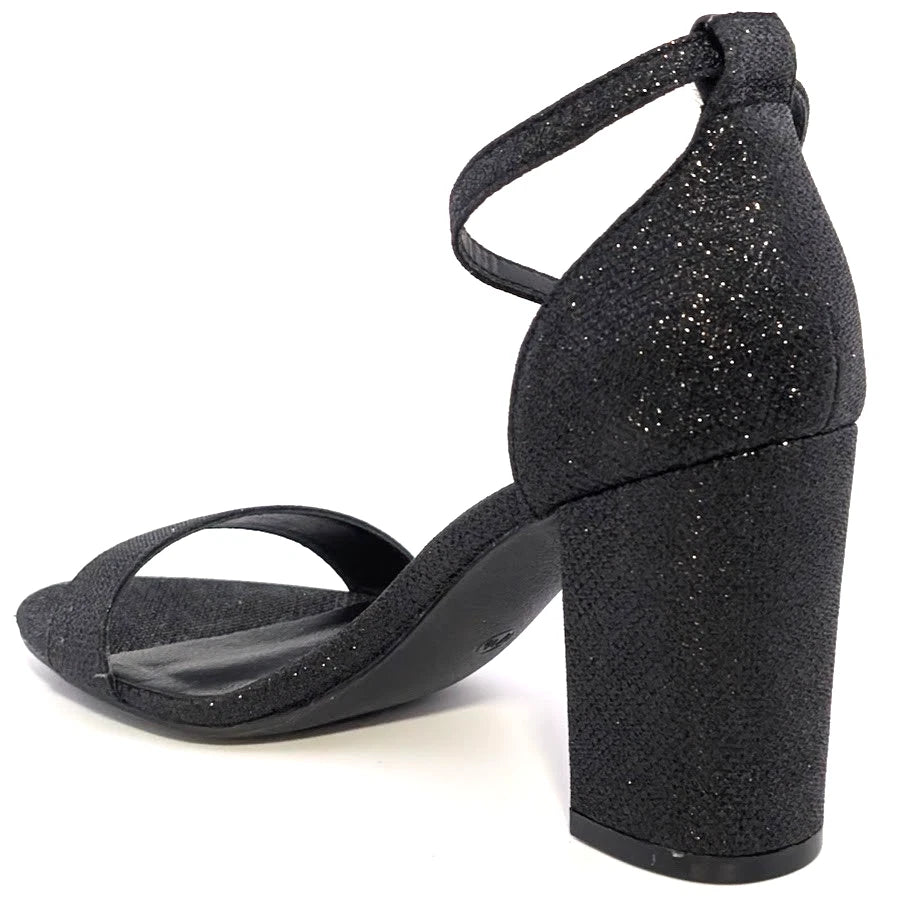 Mysoft Womens Sz 7.5 Black Sparkle Open-Toe Block Hi Heeled Ankle Strap Sandals SoleComfort.shoes
