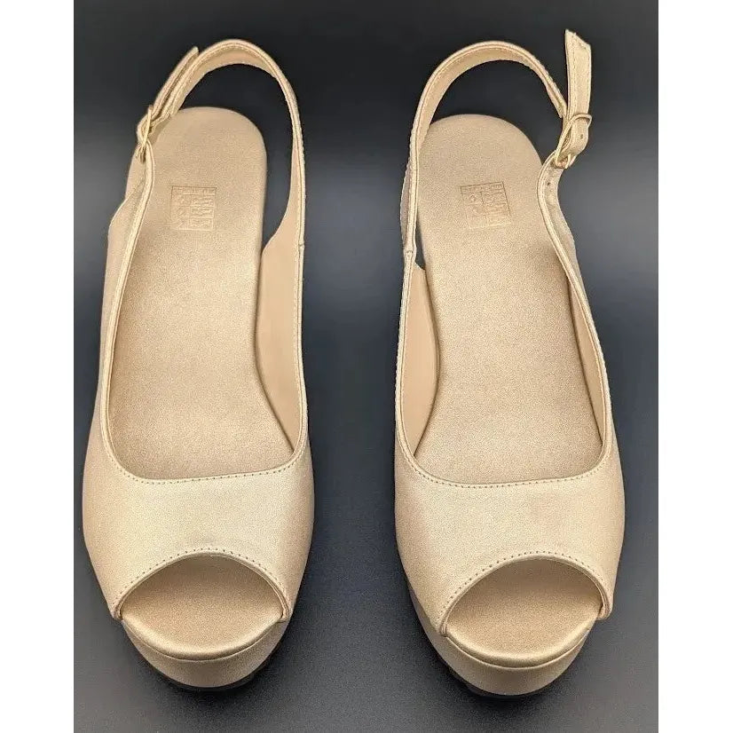 Gold Peep Toe, Slingback, 4-inch Wedge, Women's Platform Dress Shoe - Size 8-8.5 Unbranded