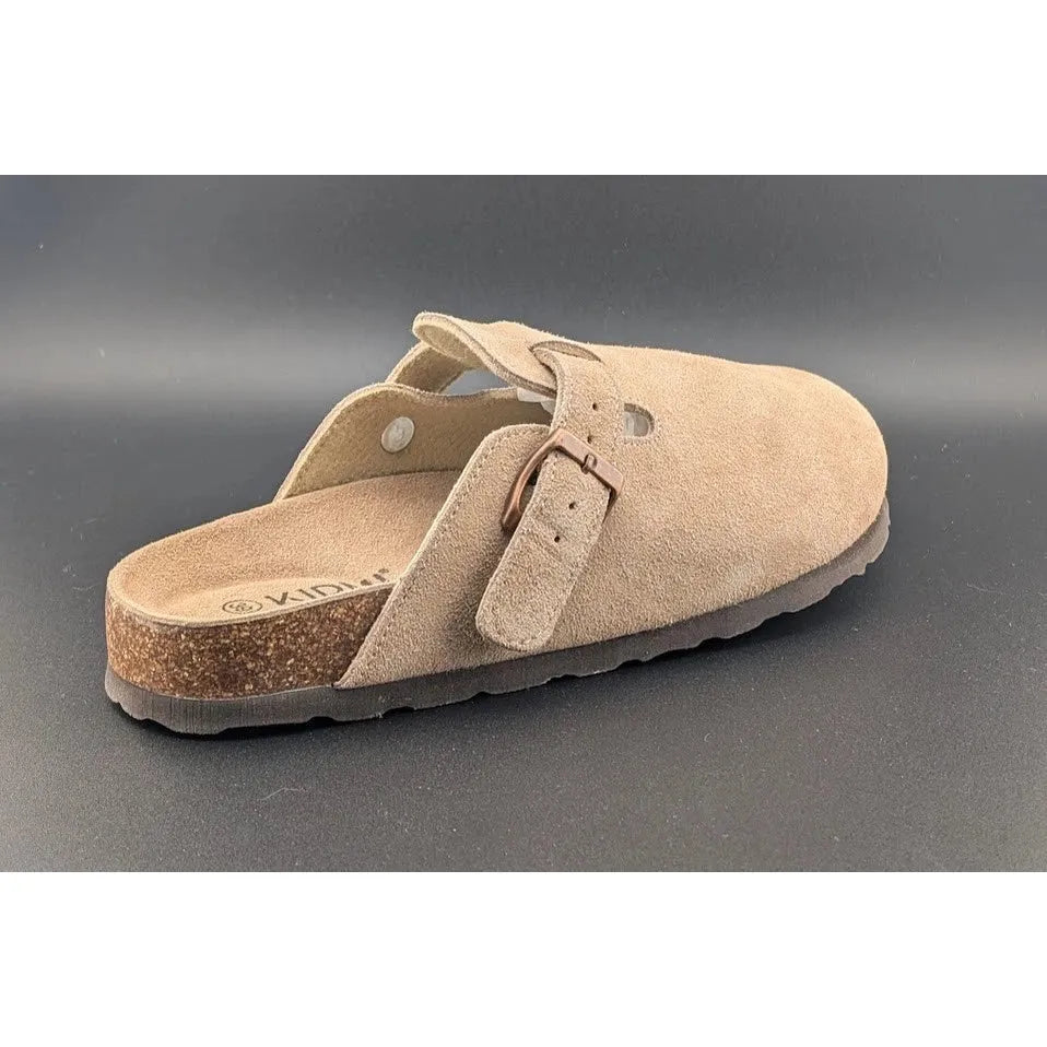 KIDMI Women's EU39 (US 8-8.5) Suede Clogs w/ Back Strap Leather Mules Cork Footbed Slip on SoleComfort.shoes