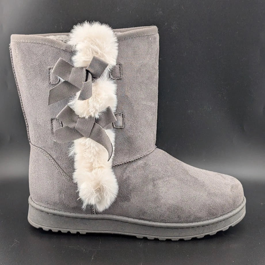 Koolaburra by UGG Size 11 Victoria Short Winter Boots Women's Grey -2 Bow 4 Puff SoleComfort.shoes