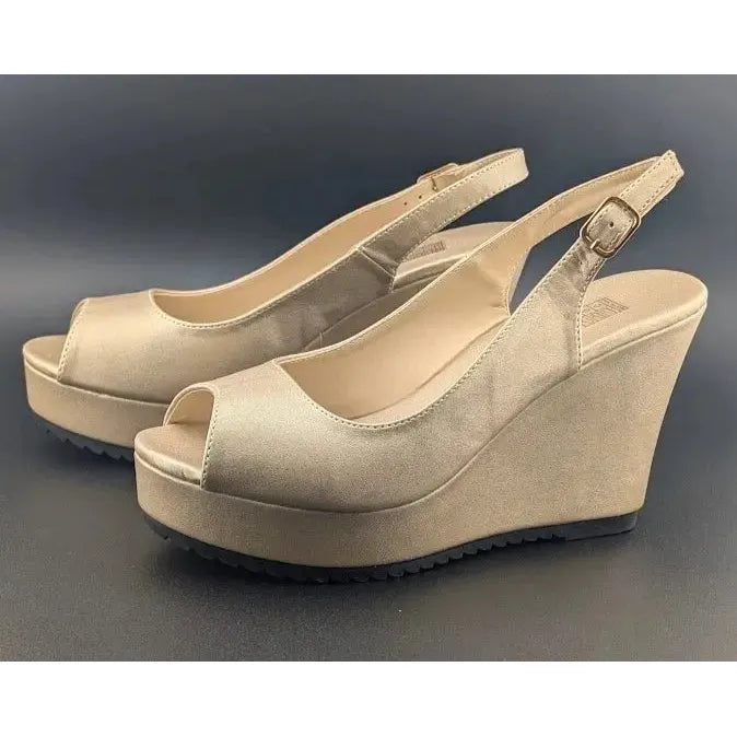 Gold Peep Toe, Slingback, 4-inch Wedge, Women's Platform Dress Shoe - Size 8-8.5 Unbranded