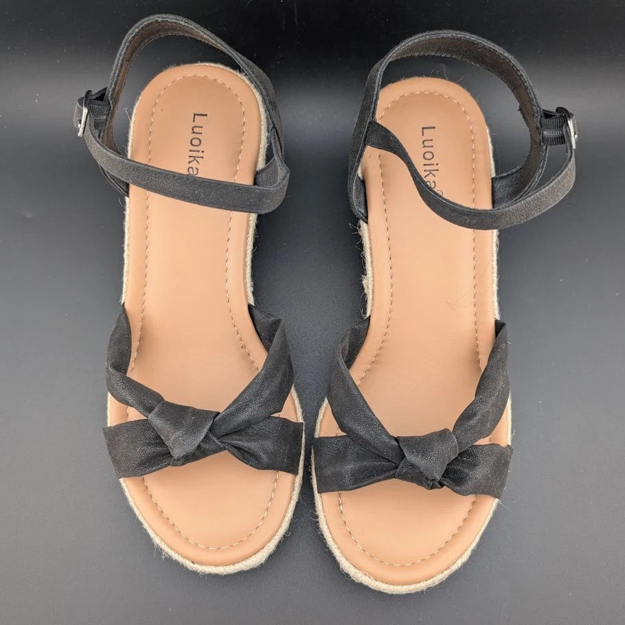 Luoika 9.5 Wide Womens Open Toe Espadrille Wedge Tie Lace Up Ankle Platforms. SoleComfort.shoes