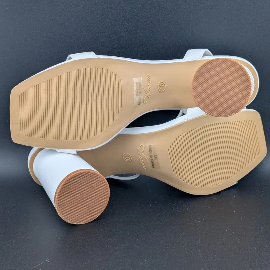 Women Size 10 White Comfort Sandals w/Ankle Wrap Strap Square Toe 4" Round Heel Athlefit