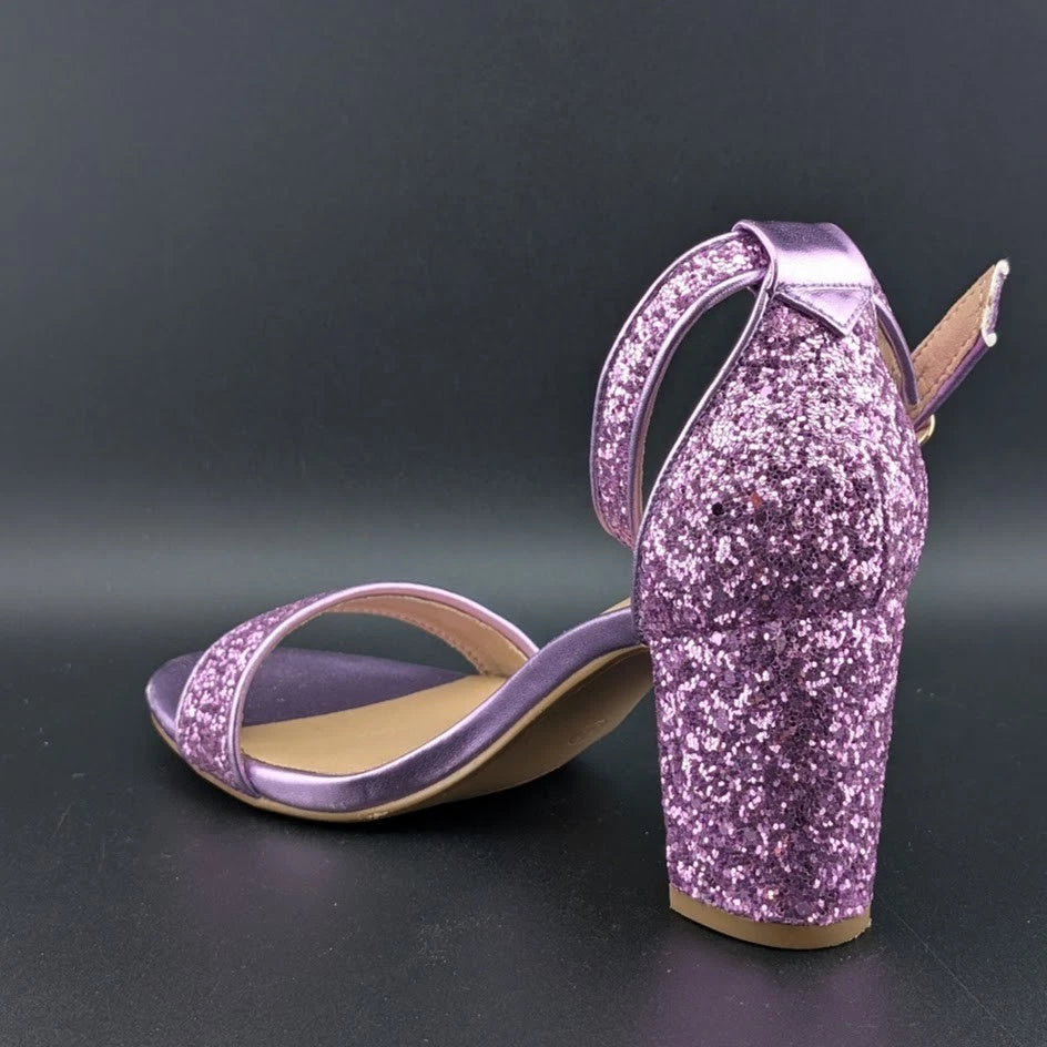 Women Sz 5.5 Wedding Party Heel Glitter Pagent Sandals Low Heel Open Toe Dress SoleComfort.shoes