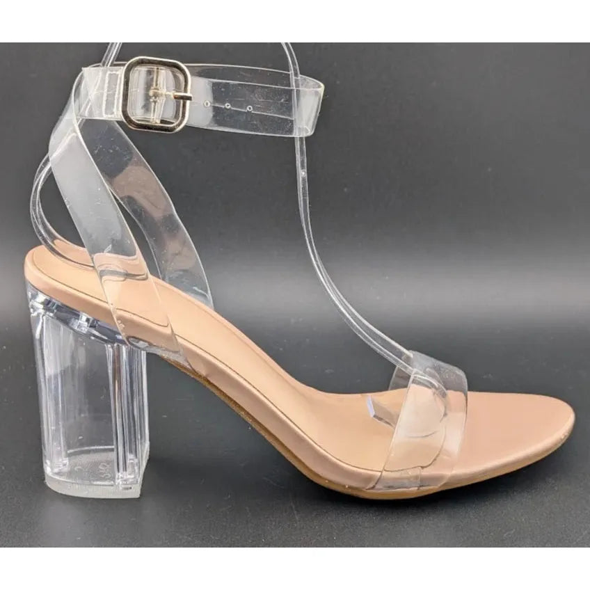 Women's Size 7 Clear Heeled Sandals Ankle Strap Block Chunky Heel Open Toe SoleComfort.shoes
