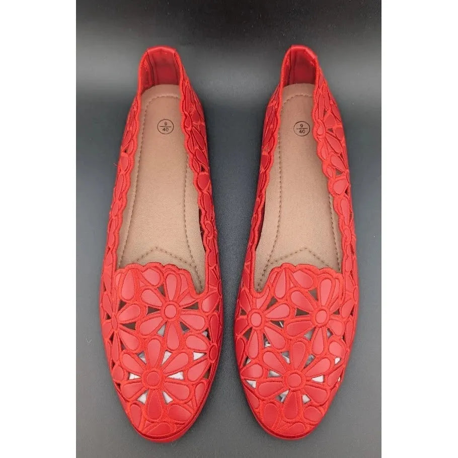 HEAWISH Women's Size 9 Slip On Floral Ballet Round Toe Dress Shoes Flats in Red SoleComfort.shoes