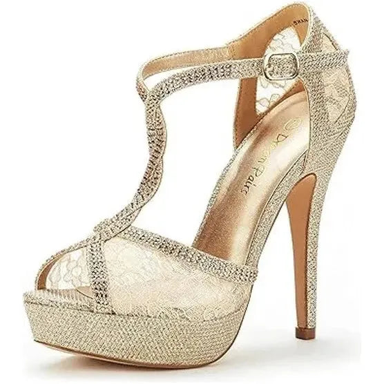 Women High Heel Sandals Platform Dress Rhinestones Peep Toe Pumps Shoes Size 7.5 Dream Pairs