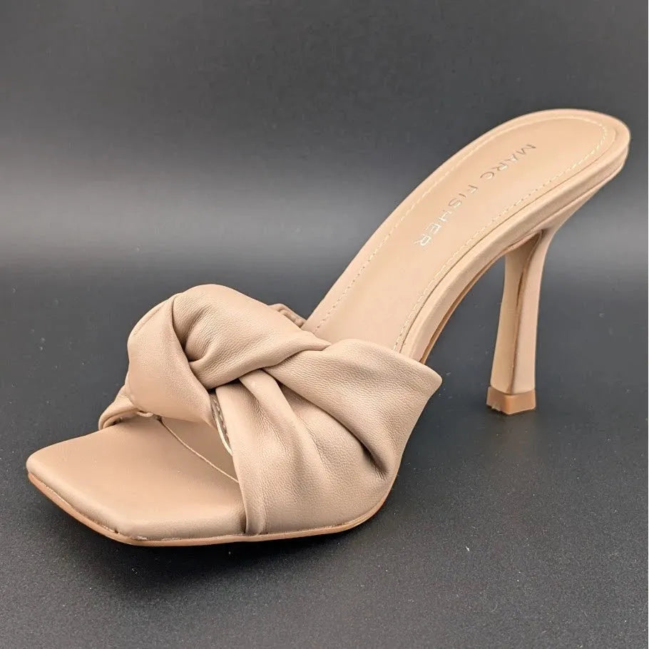 MARC FISHER DALIOT Beige/Tan Square Toe Mule Heeled Sandals with Knot Super Soft SoleComfort.shoes