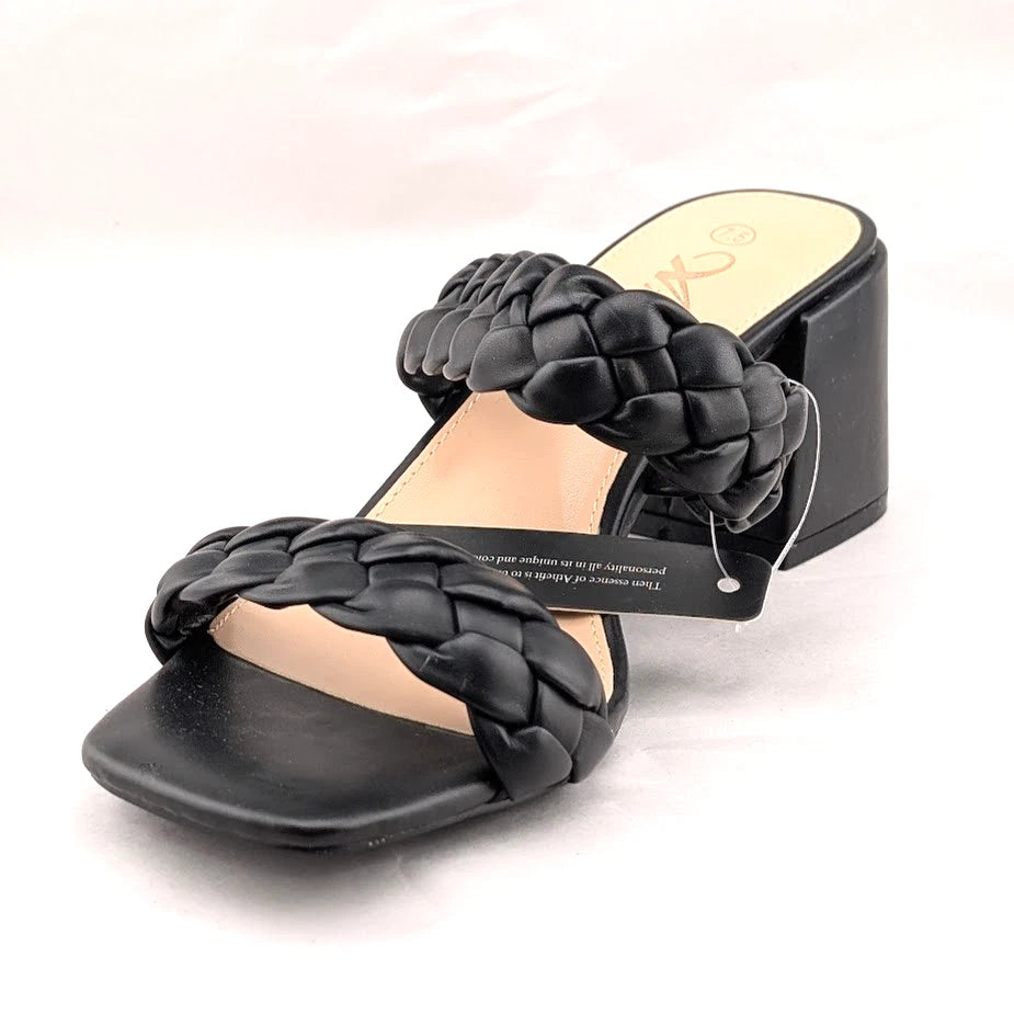 Women's Sz 7.5 Braided Heeled Sandals Strappy Square Toe Backless Mules Slip On SoleComfort.shoes