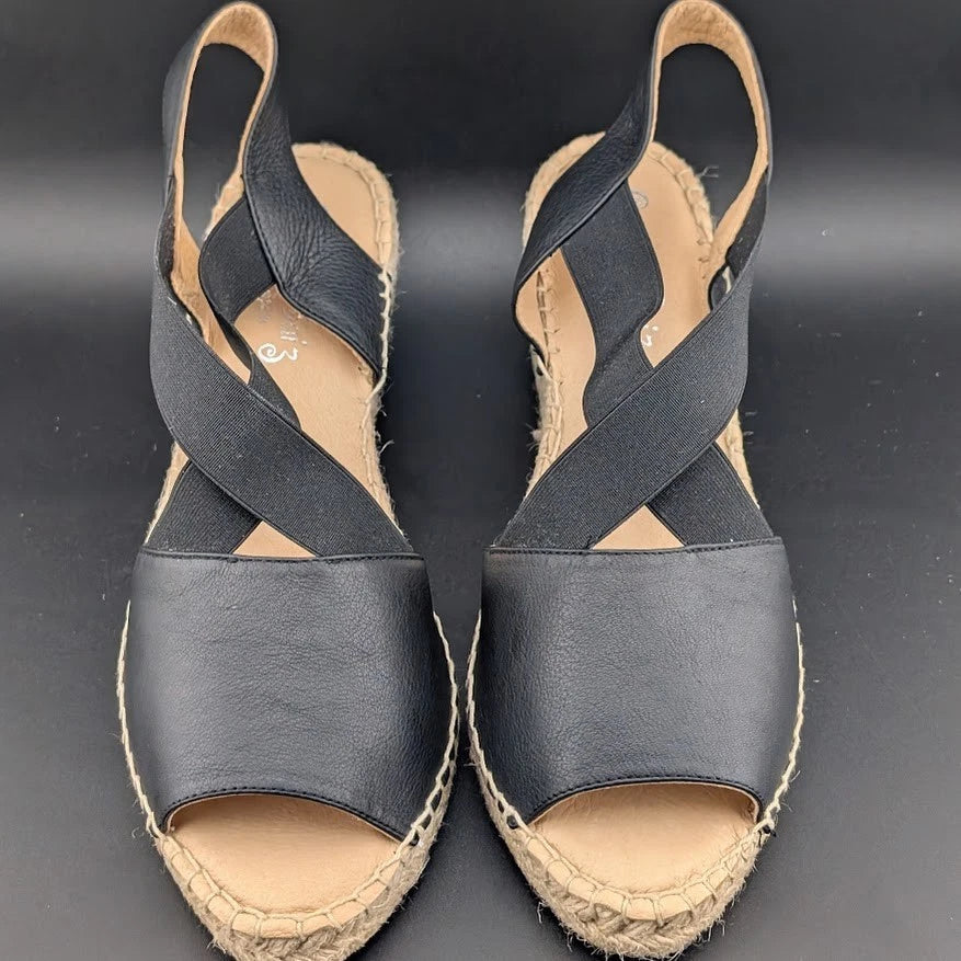 Women Size 9.5-10 (EU 40) Leather Espadrille Wedge Sandal Crossed Strap Peep Toe Made: Spain SoleComfort.shoes